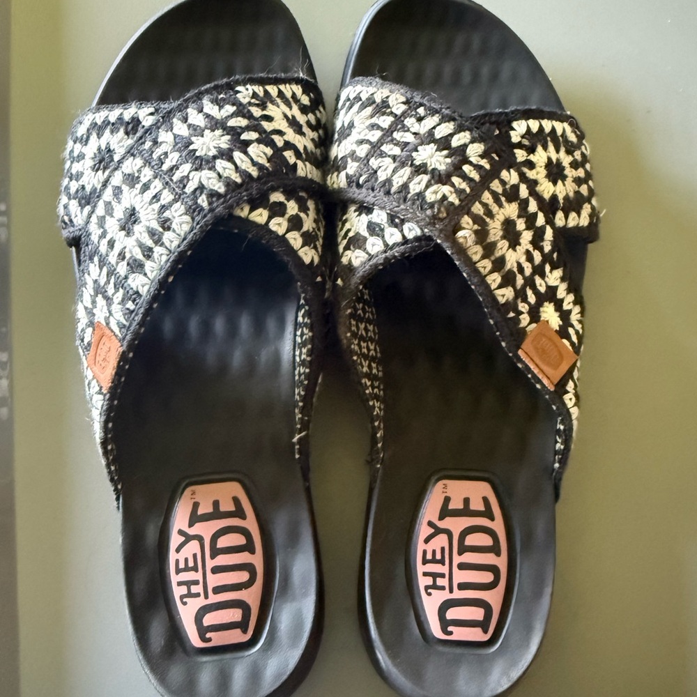Hey Dude Black and White Patterned Slides